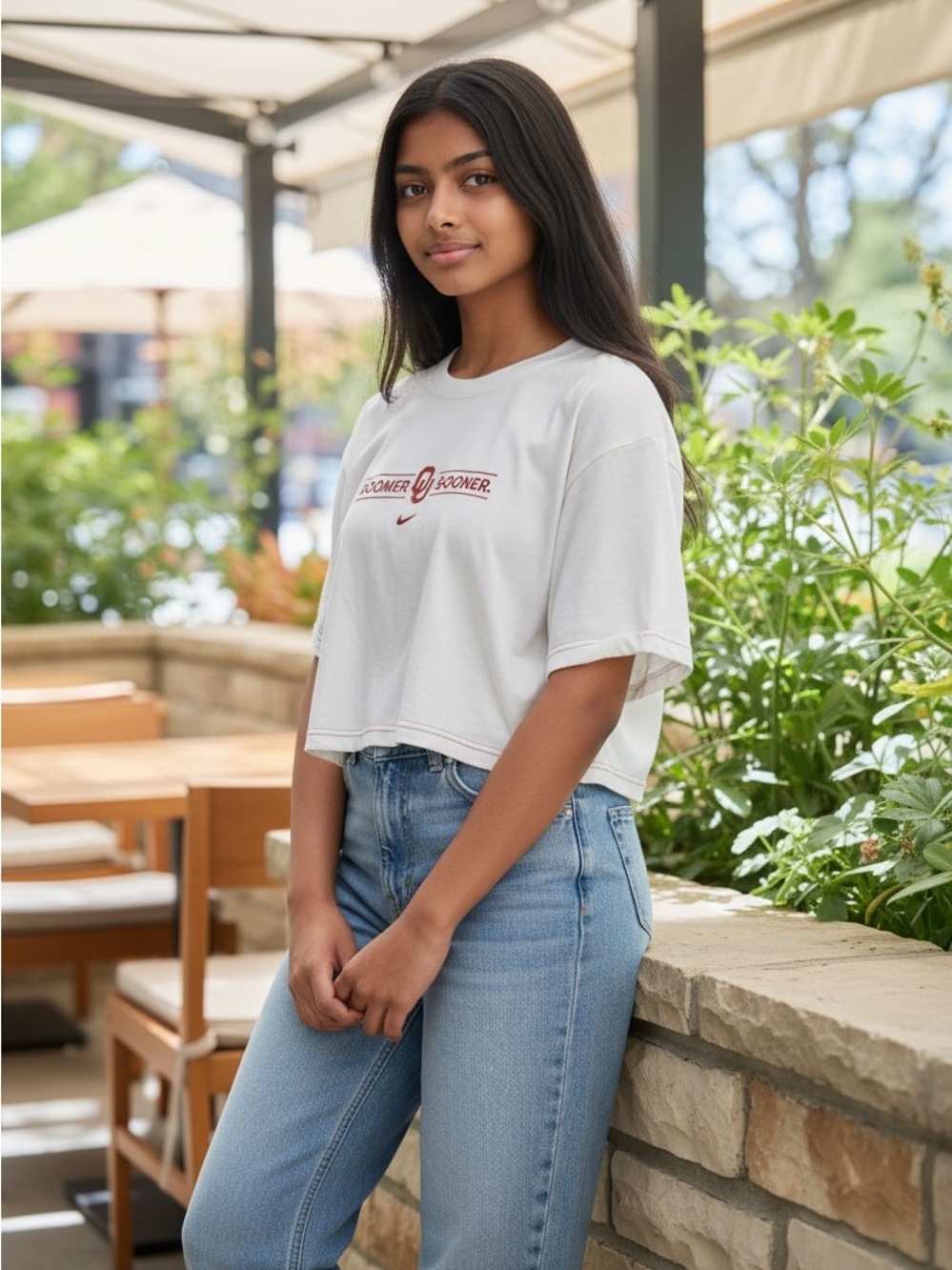 Nike White Cropped T-Shirt with Red OU Boomer Sooner Logo